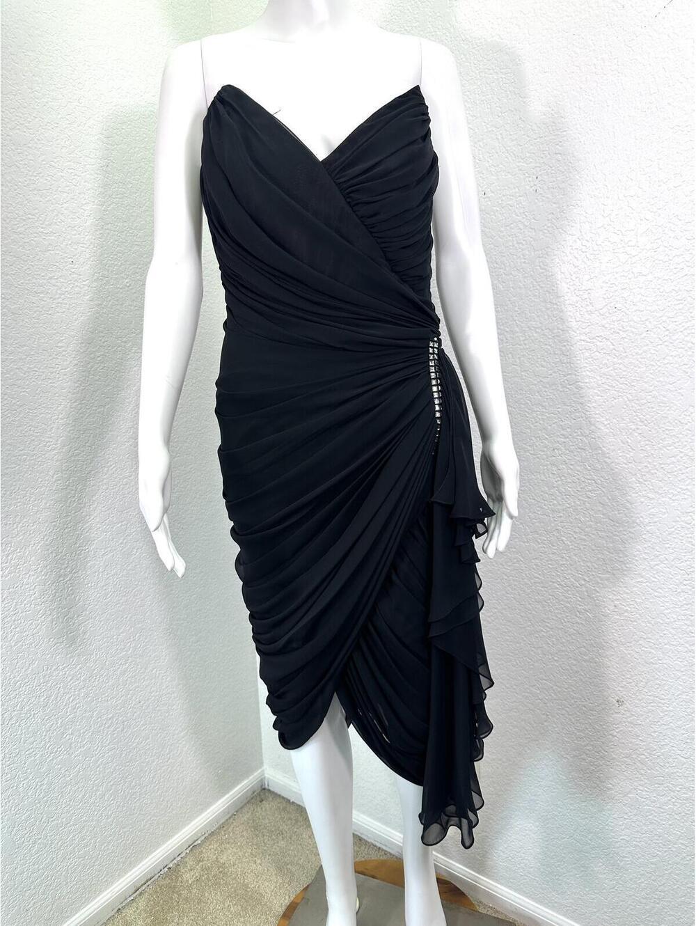 Sz 6 Lillie Rubin Black Silk Vintage Ruched Cocktail Dress Rhinestone Strapless